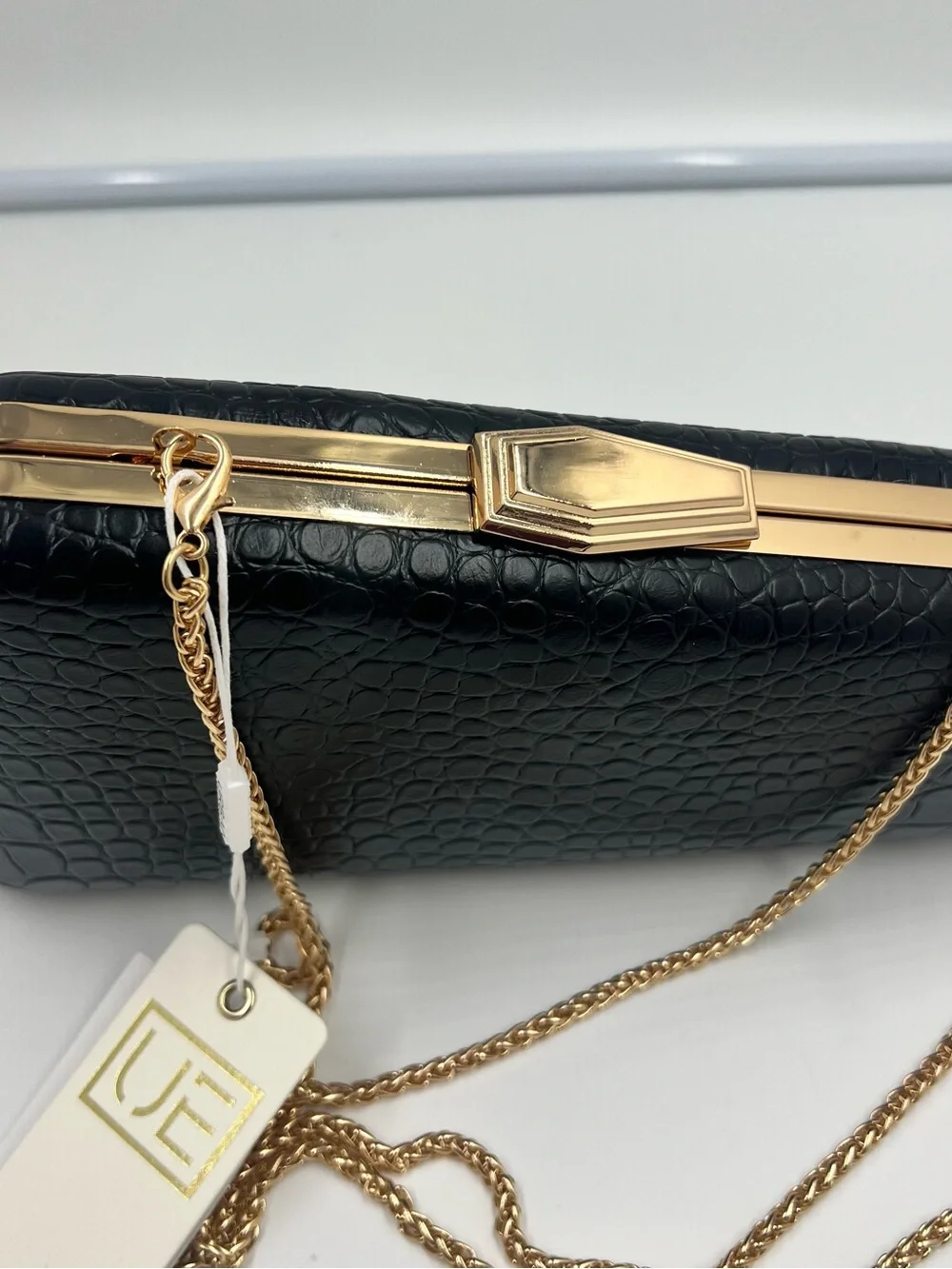 Urban Expressions Black Croc-Embossed Clutch with Gold Chain